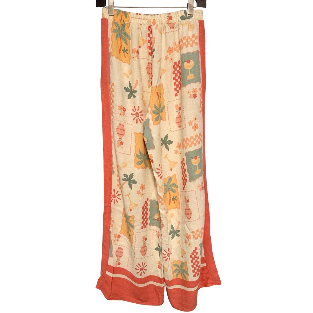 Sienna Sky Wide Leg Palazzo Pants S Cream Multi Linen Blend Tropical Art to Wear